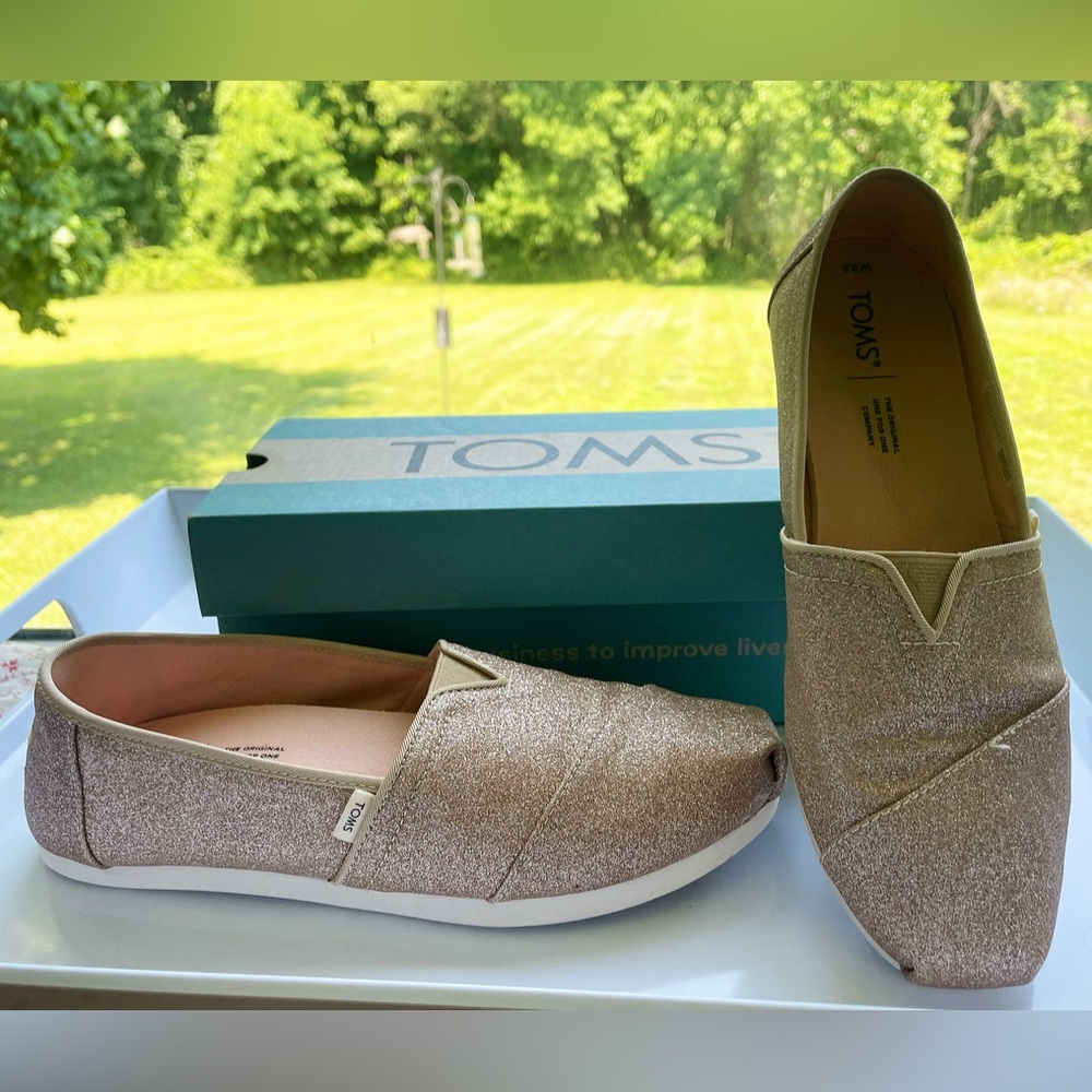 TOMS Rose Gold Glimmer Glitter Slip On Shoes: Size 8.5
